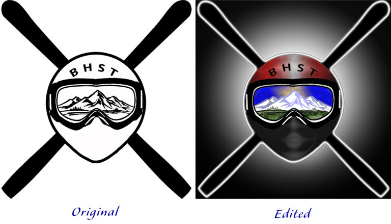 Before and after sample of Photoshop editing of the Black Hills Ski Team logo